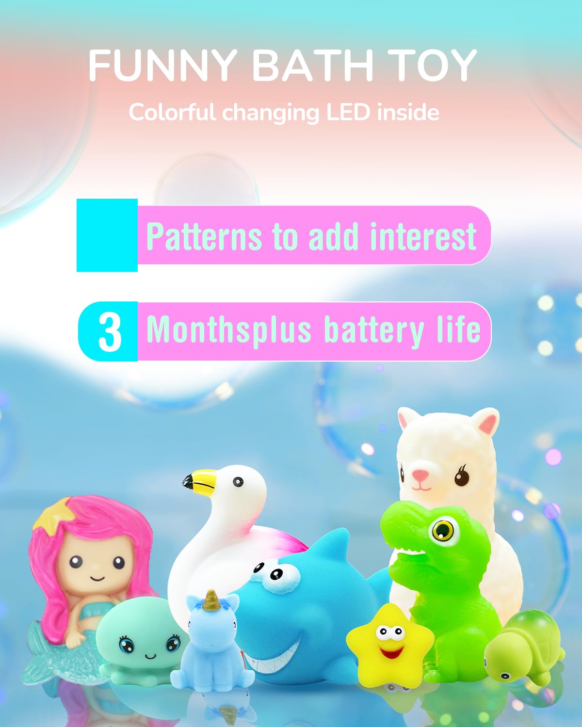 No Hole Light Up Bath Toys, 9Pcs Flashing Colourful Bathtub Mermaid Toy With Storage Bag And Net Fishing For Swimming Pool Party