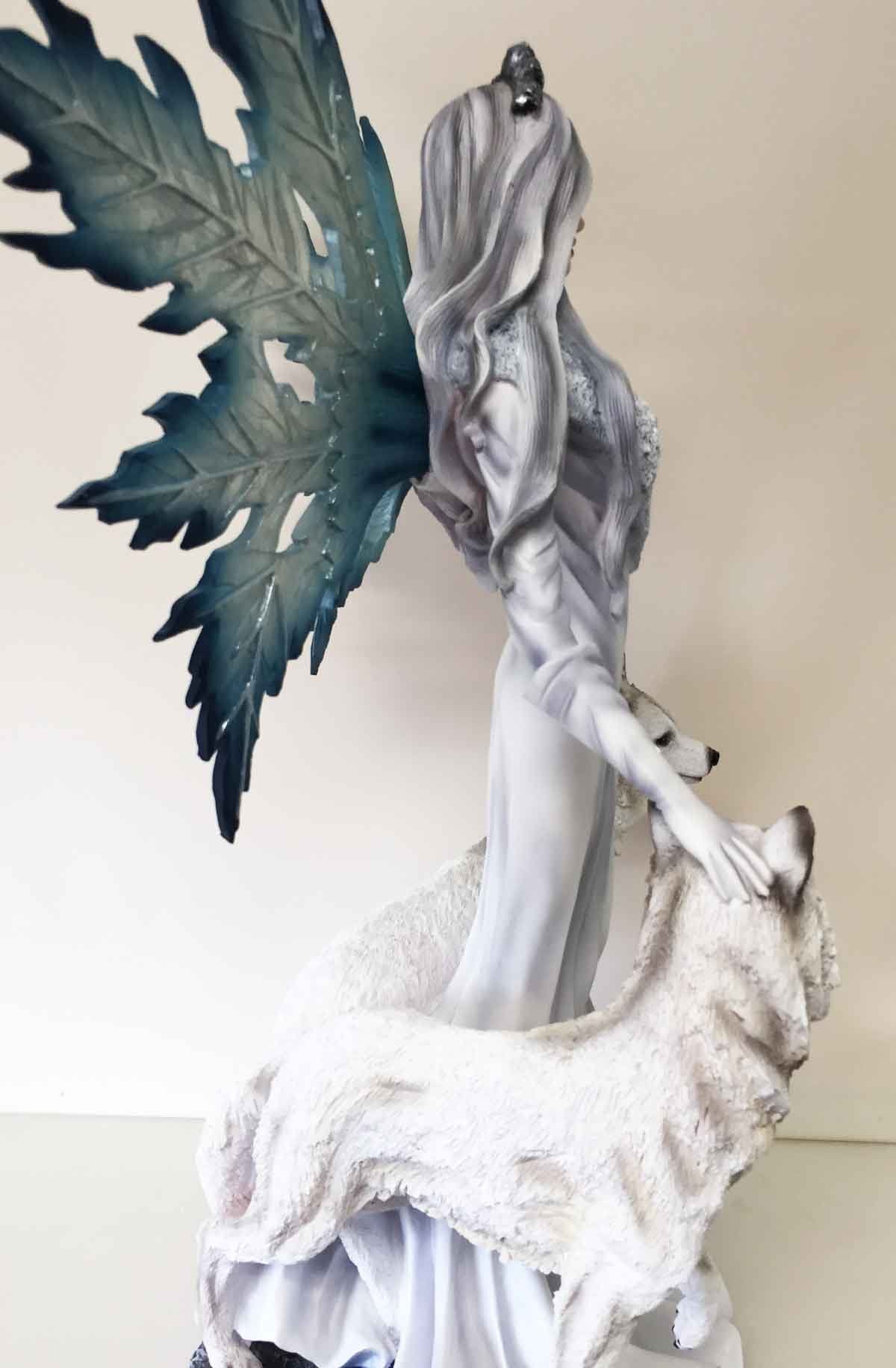 Large 23' Tall Blizzard Frost Flake Fairy With Two Snow Pet Wolves Statue Figurine