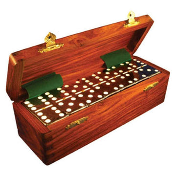 Marion Domino Double Six Black In Dovetail Jointed Sheesham Wood Box - Jumbo Tournament Size W/Spinners