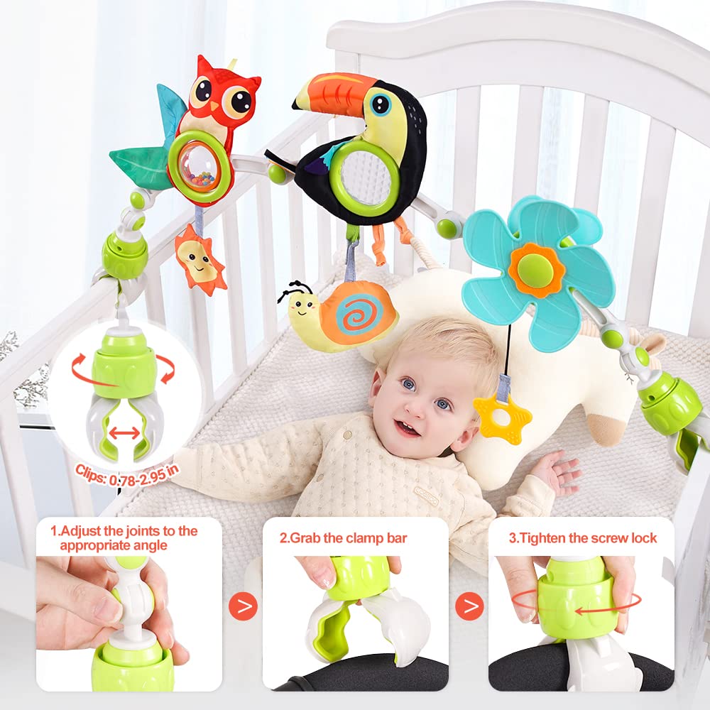 Koty Baby Stroller Arch Toy With Teether, Rattle, Crinkle Sound, Mirror & Music Box, Newborns Sensory Activity Carrier Take-Along Toy, Adjustable For Bouncers, Car Seat & Pram 0M+(Toucan)