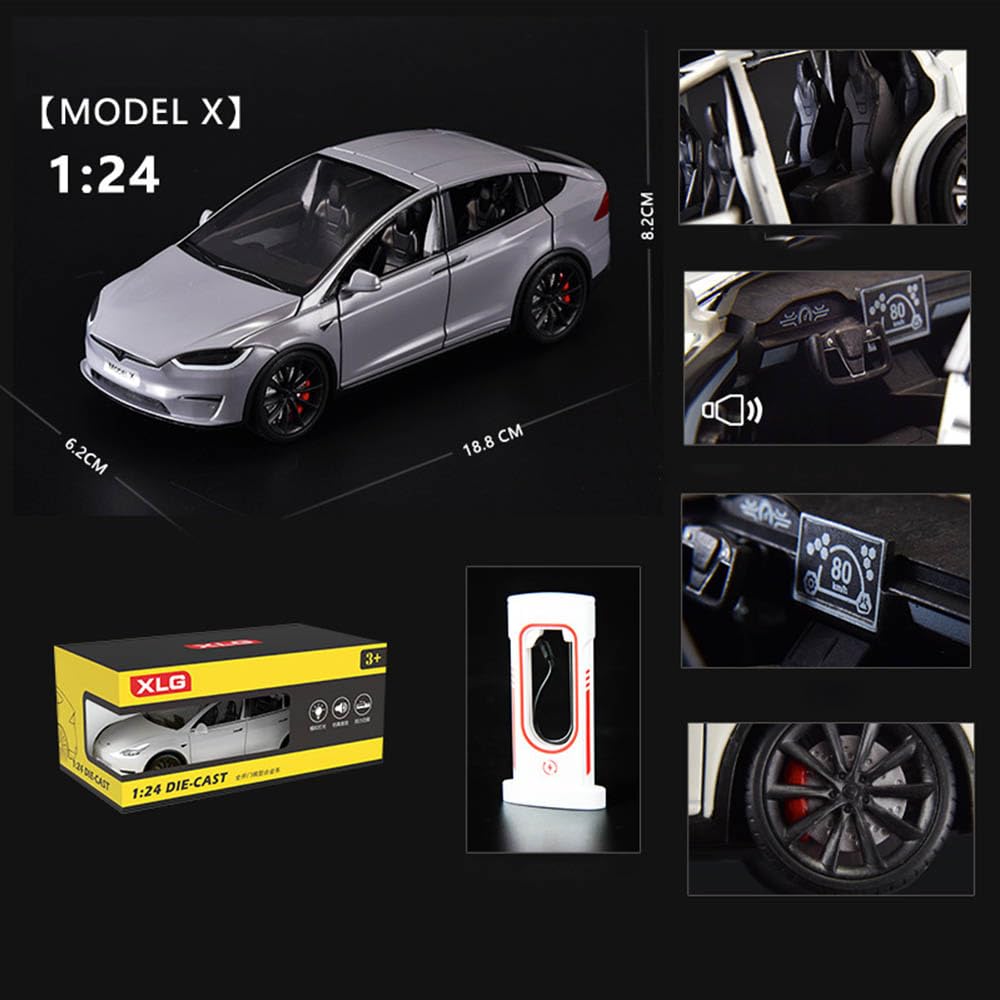 1/24 Model X Toy Car for Boys, Zinc Alloy Diecast Metal Model X Model Car Pull Back Car Toy Vehicles with Sound and Music, Suita
