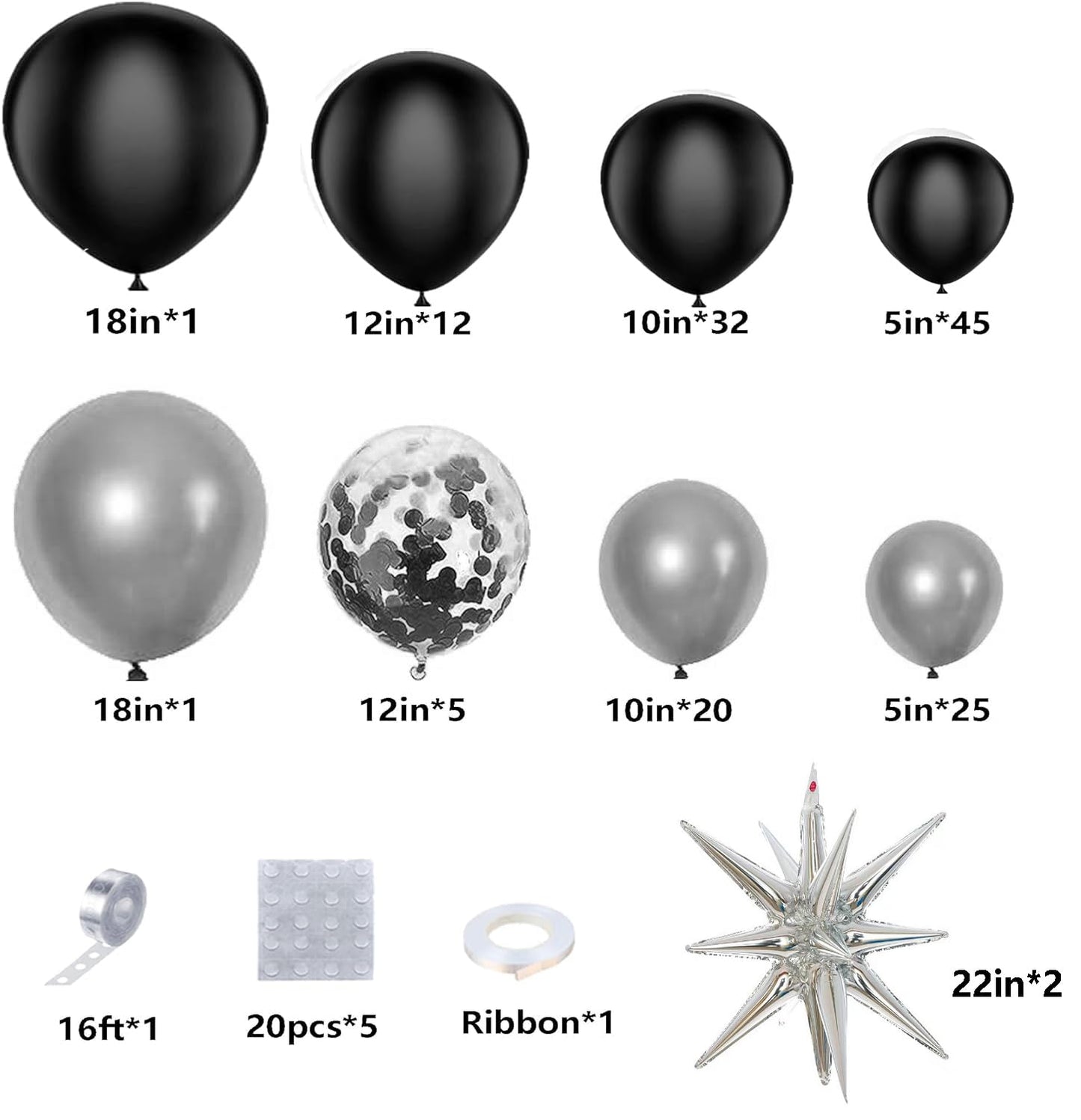 Black And Silver Balloons Garland Arch Kit, 146Pcs Metallic Silver And Black Balloons With Silver Exploding Star Foil Balloons F