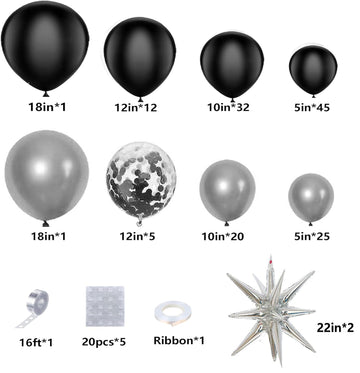 Black And Silver Balloons Garland Arch Kit, 146Pcs Metallic Silver And Black Balloons With Silver Exploding Star Foil Balloons F