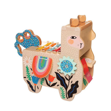 Manhattan Toy Musical Llama Wooden Instrument For Toddlers With Maraca, Clacking Saddlebags, Drumsticks, Washboard & Xylophone
