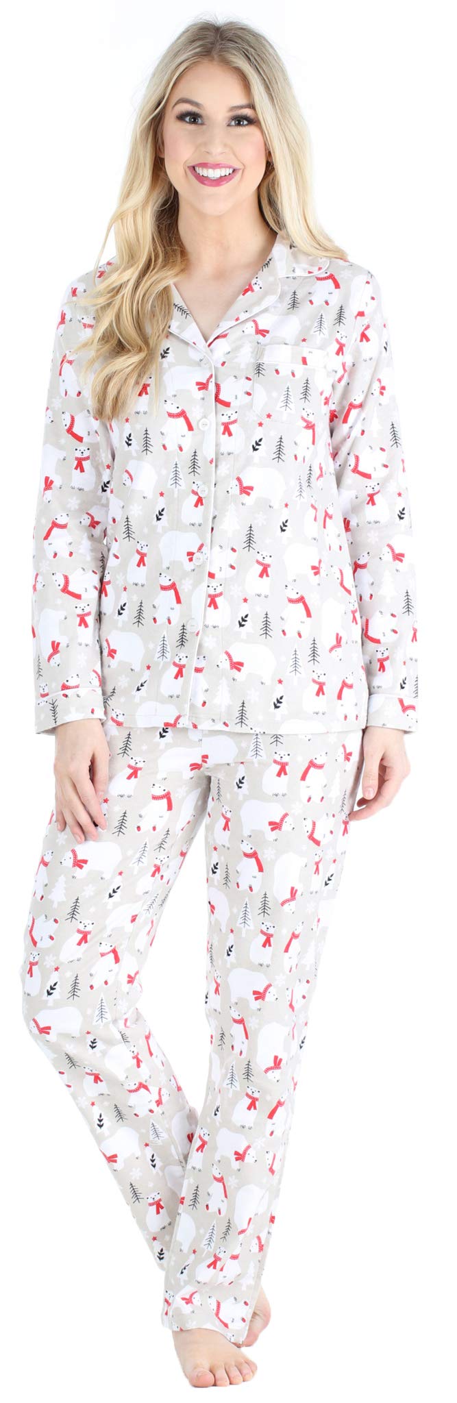 Pajamamania Womens Cotton Flannel Long Sleeve Button-Down Pajamas Pj Set, Polar Bear, Medium,
