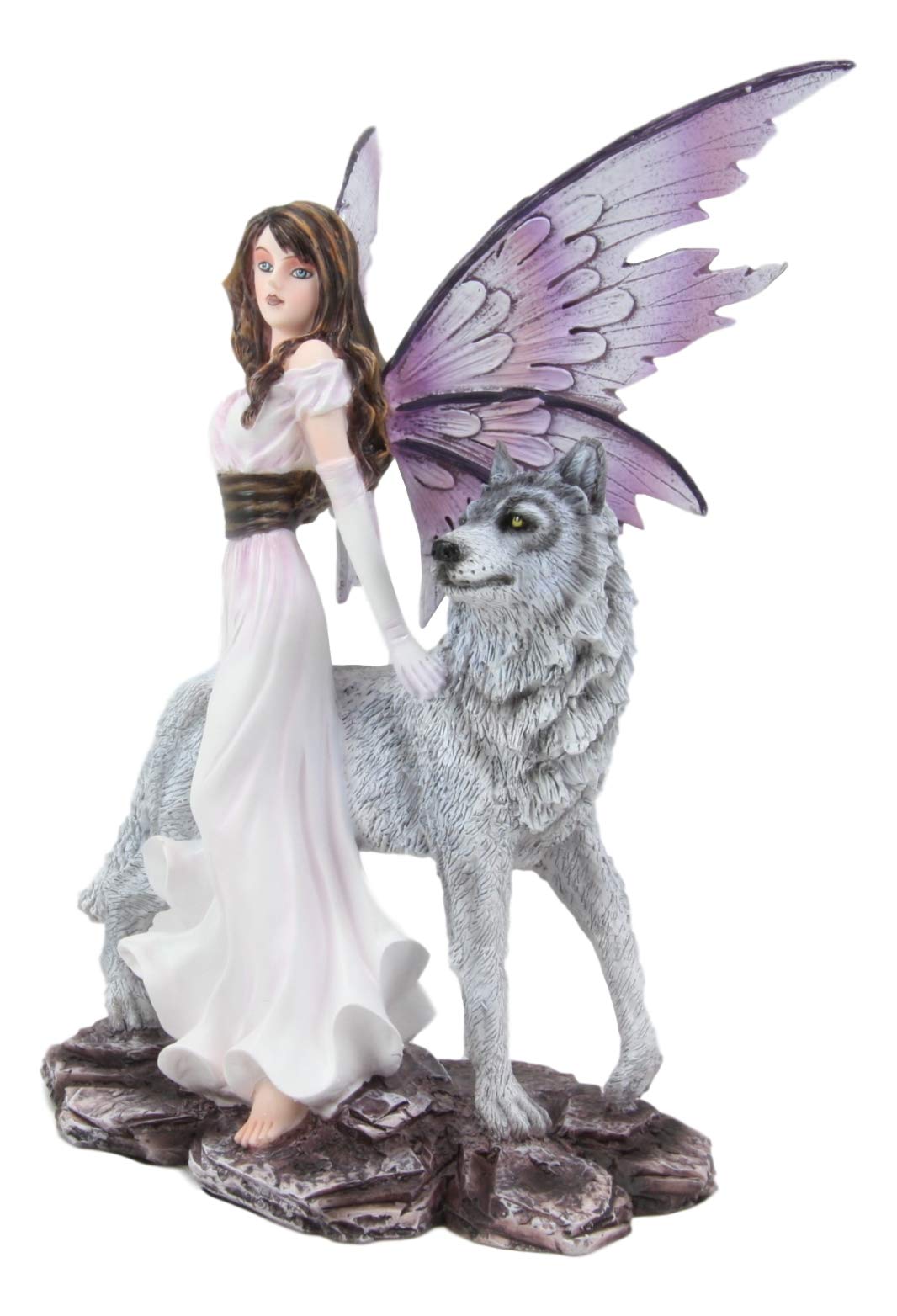 Ebros Purple Winged Fairy Diana With Alpha Snow Direwolf Wolf Statue 10' Tall Fantasy Garden Nymph Fae Pixie Wolves Fairies Figurine Fantasy Decor