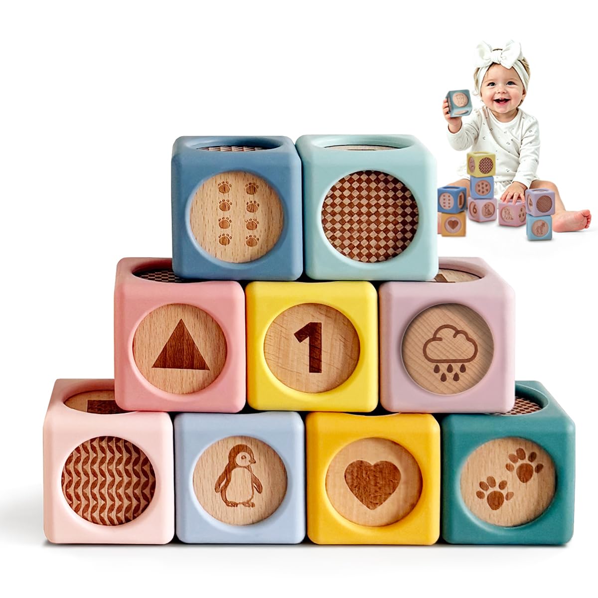 Mitico Wooden Silicone Baby Stacking Blocks 6M+, Montessori Sensory Blocks