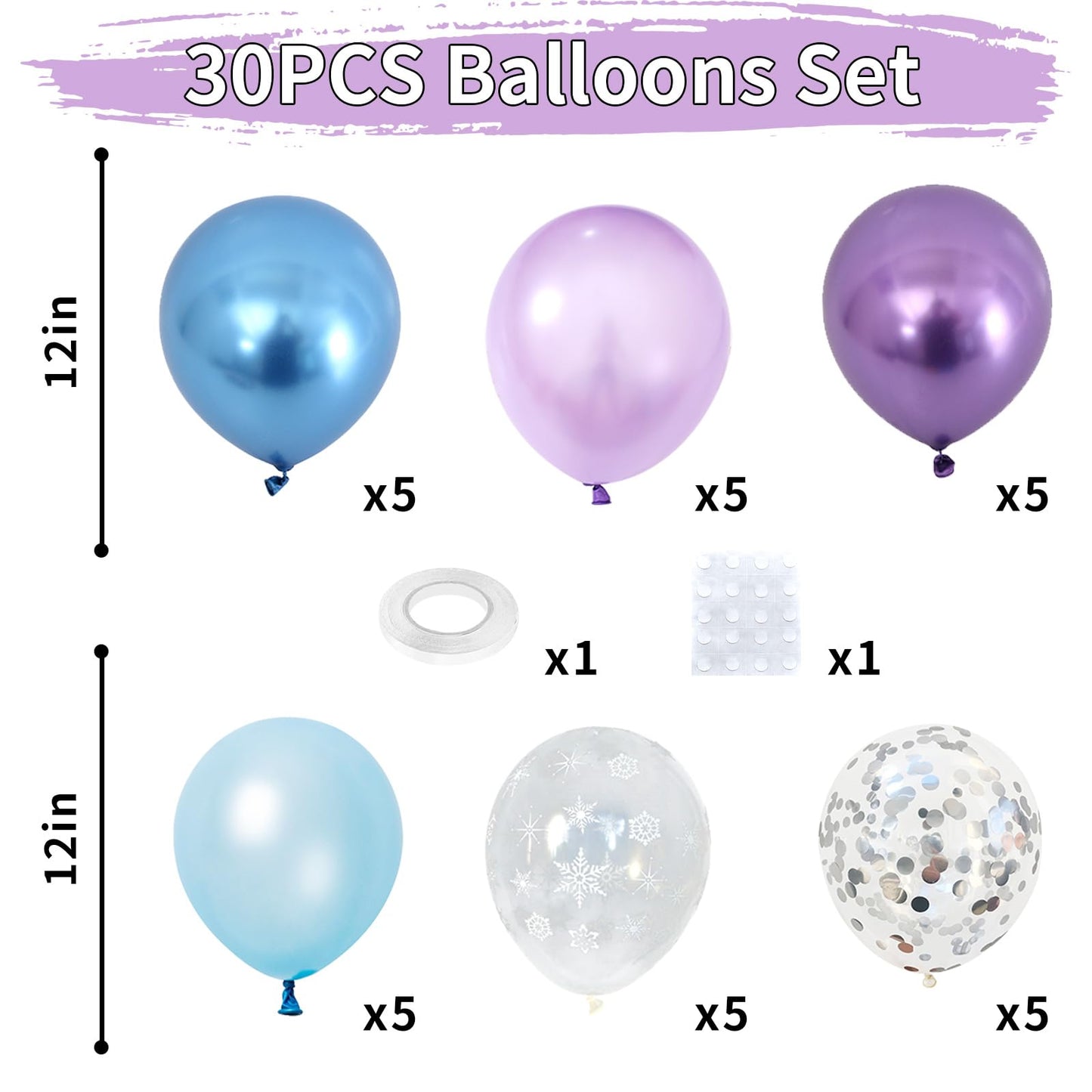 Dagelar Frozen Balloons Set, Pearl Purple Blue Metallic Purple Blue Snowflake Latex Balloon With Silver Confetti Balloons For Wi