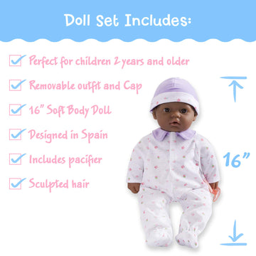 Jc Toys African American 16-Inch Medium Soft Body Baby Doll La Baby | Washable |Removable Purple Outfit W/ Hat And Pacifier | Fo