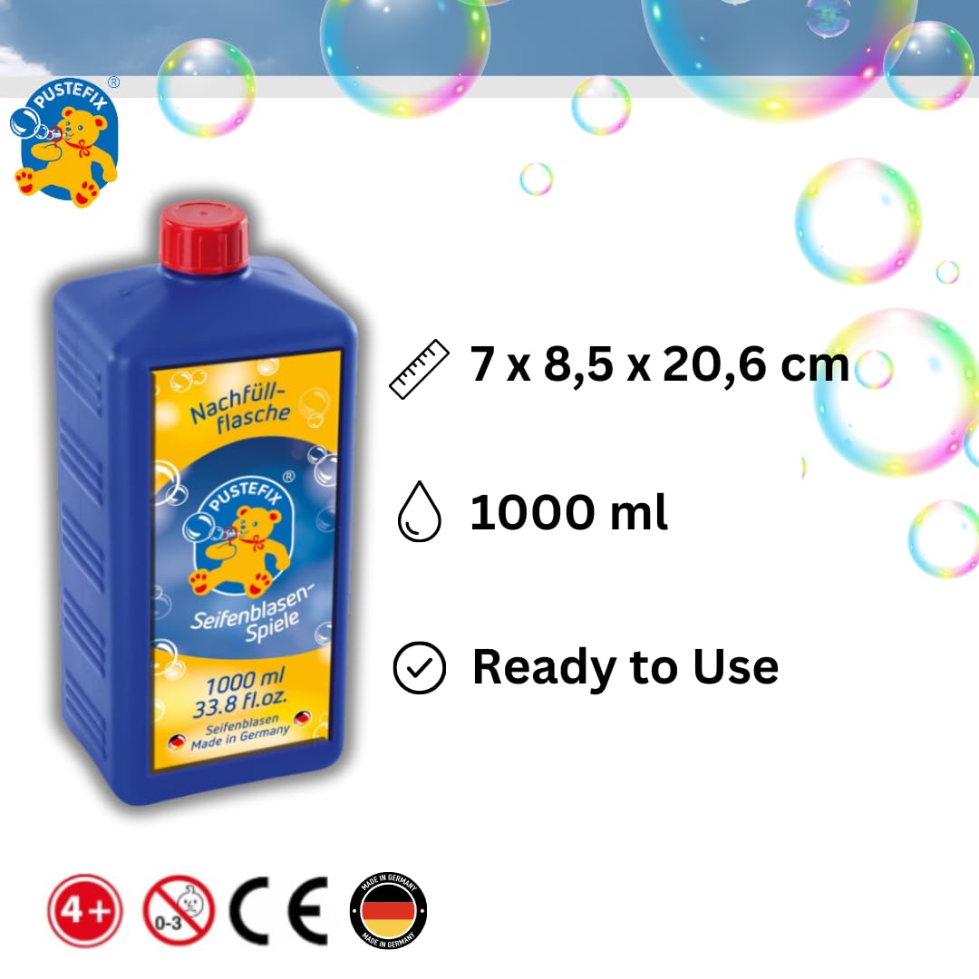Pustefix 33.8 Oz Refill Bottle Of Pustefix Liquid Bubble Blowing Soap Solution, 1000Ml