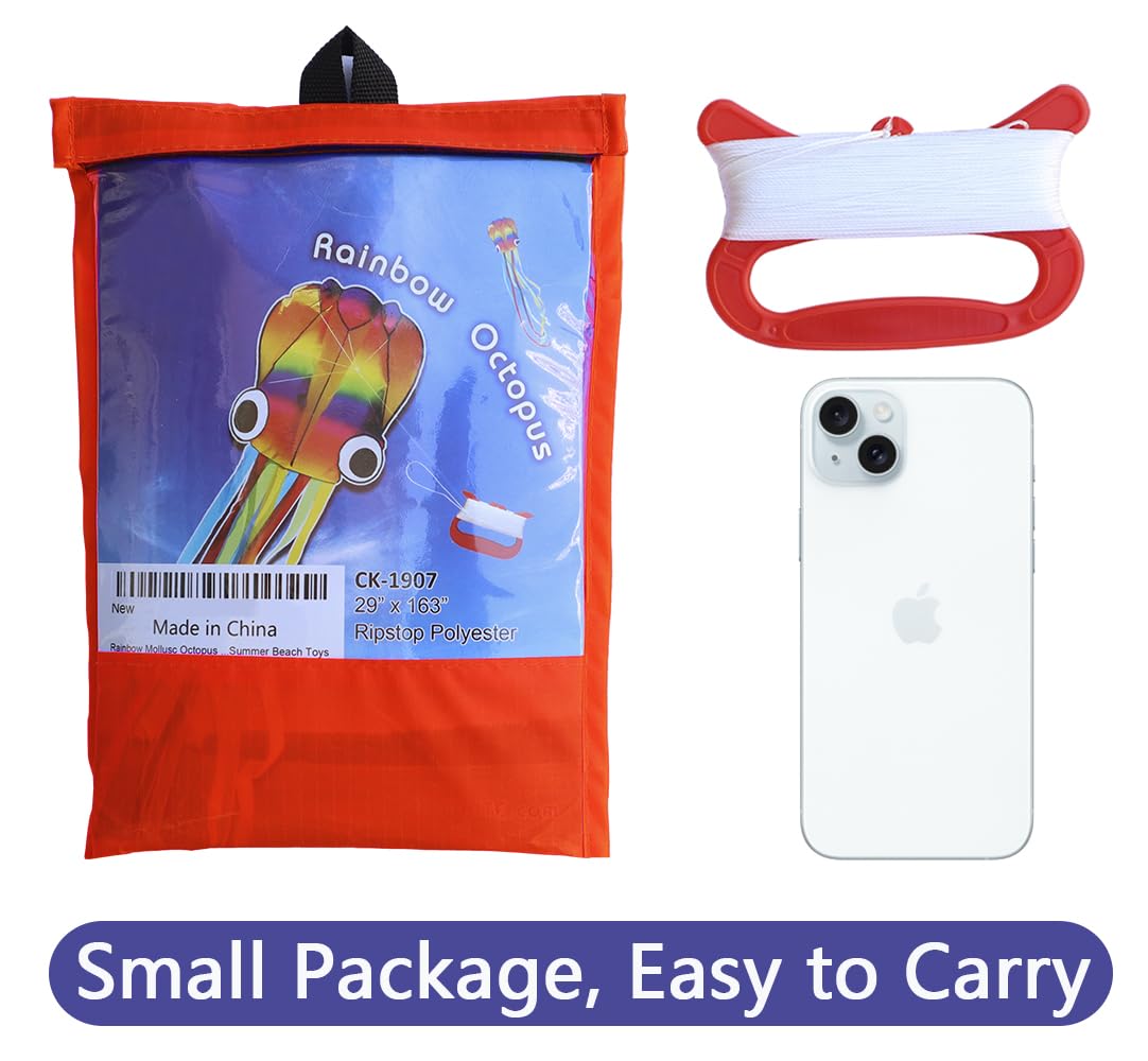 14Ft R2F Rainbow Soft Octopus Kite For Kids And Audlts-Large Kite With 11.5Ft Long Tail And 200Ft Flying Line-Easy To Fly Toy For Outdoor Games Beach And Activities