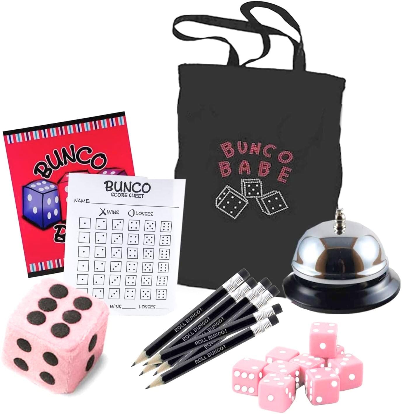 Bunco Babe Game Kit With Party Supplies For 12 Players - Tote Bag, Dice, Score Sheets, Pencils, Bell, And Plush Dice. All Of The Bunco Party Supplies You Need
