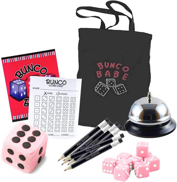 Bunco Babe Game Kit With Party Supplies For 12 Players - Tote Bag, Dice, Score Sheets, Pencils, Bell, And Plush Dice. All Of The Bunco Party Supplies You Need