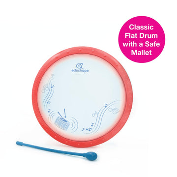 Edushape Classic Flat Drum for Baby with Easy-Grip Mallet - Set of 1 Red Color Baby Drum Toy for Toddlers, 2-Year Old and Up - S