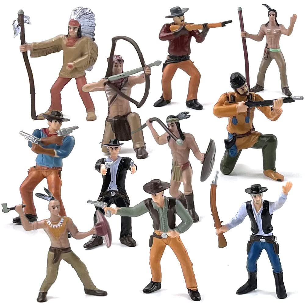 Artcreativity Cowboy & Indian Action Figures Set Of 12 - Realistic Details, Free-Standing, Party Decor & Favors For Kids