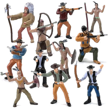 Artcreativity Cowboy & Indian Action Figures Set Of 12 - Realistic Details, Free-Standing, Party Decor & Favors For Kids