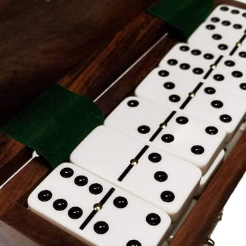 Marion Domino Double Six White Jumbo Tournament Professional Size With Spinners In Dovetail Sheesham Wood Box.