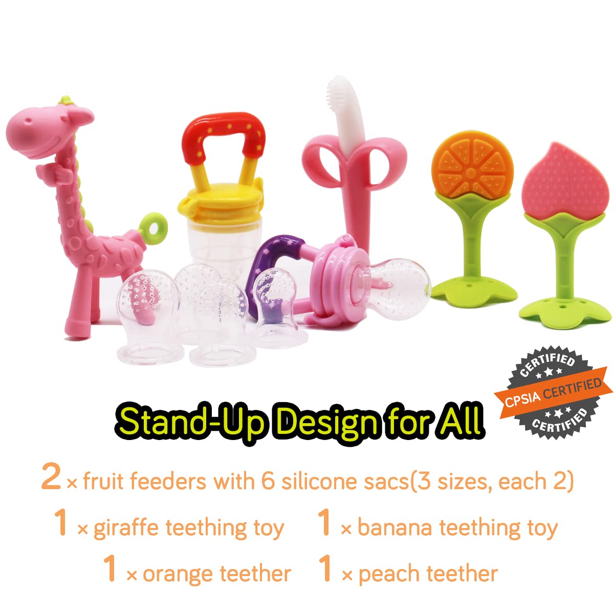 Medical-Grade Teething Toys For Babies 0-6 6-12 12-18 Months - With 4    Adorable Baby Teethers & 2    Baby Fruit Feeders - Soft
