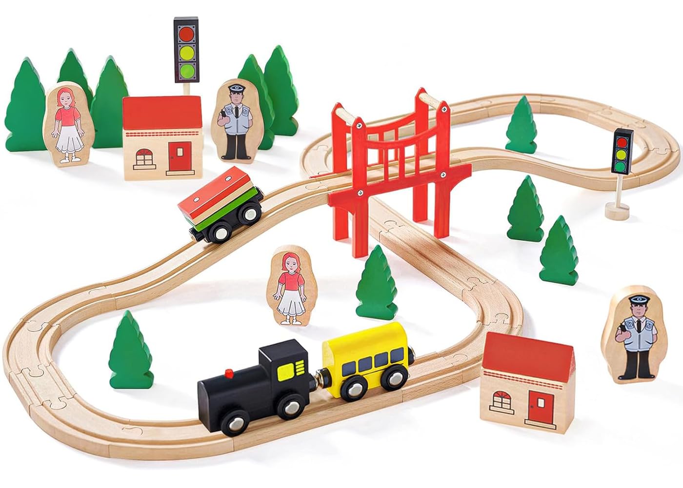 HYPERLIVING Wooden Train Set for Toddler  39 Pcs Wooden Train Track Fits Thomas  Brio  Chuggington  Melissa and Doug - Expandable  Changeable- Train Toy for 3 4 5 Year Old Boys Girls