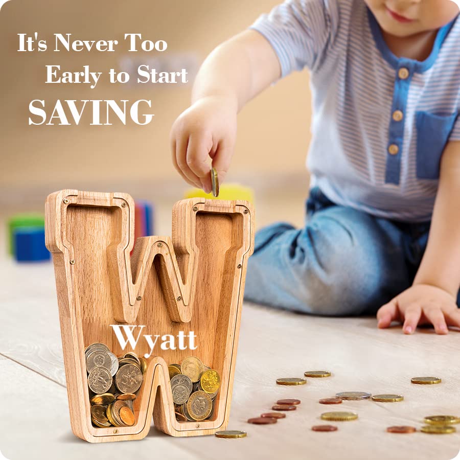 SummiDate Wooden Letter Piggy Bank| Piggy Bank for Boys Girls Toddler| Alphabet W Money Bank| Coin Bank Birthday Gift for Kids|Birthday Gift for Kids (W)