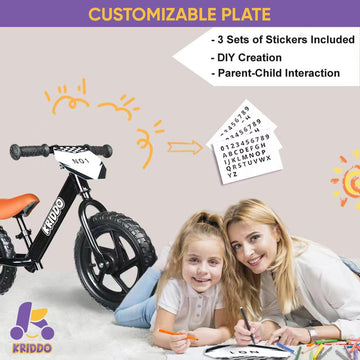 Kriddo Toddler Balance Bike 2 Year Old,12 Inch Push Bicycle With Customize Plate (3 Sets Of Stickers Included), Steady Balancing, Gift Bike For 2-5 Boys Girls, Black