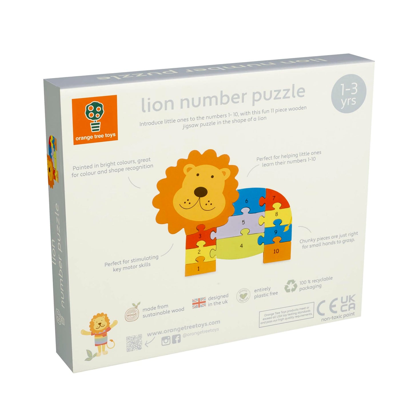 Orange Tree Toys: Lion Number Puzzle - 11 Piece Wooden Animal Shaped Puzzle, Learn Numbers 1-10, Colorful Educational Toy, Toddlers & Kids Age 1+
