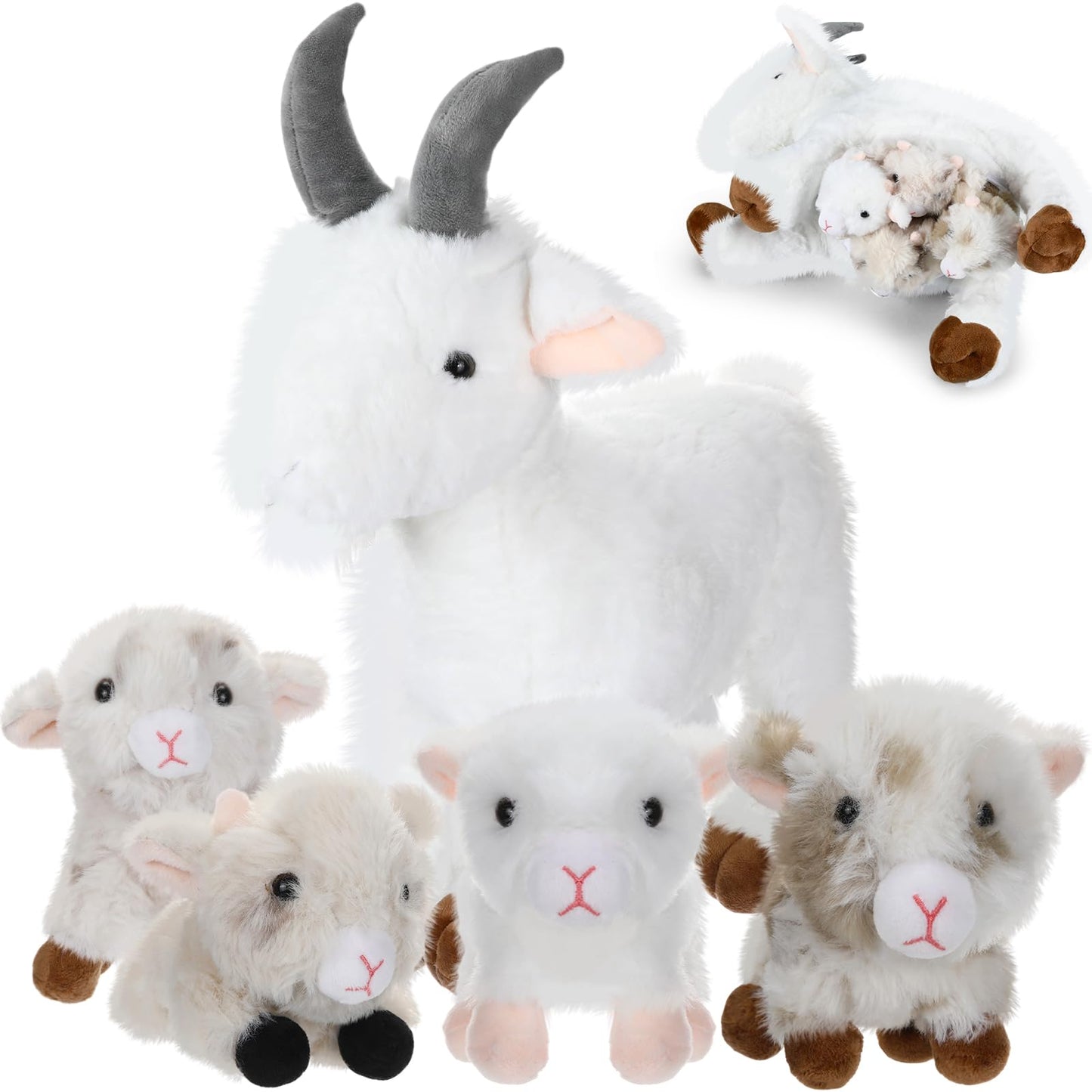 Hollowfly 5 Pcs Goat Plush Toys Gift Set 15.7 Large Mommy Goat Stuffed Animal White with 4 Cute Babies in Zippered Belly Nurturi