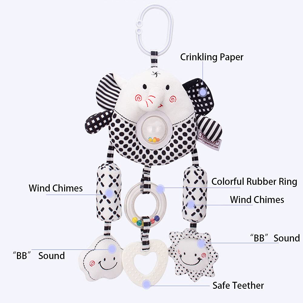 D-KINGCHY Baby Plush Hanging Rattle Toy, Elephant, Black and White, Teether for 0-3 Years Old, Soft pp Cotton, Medium Size