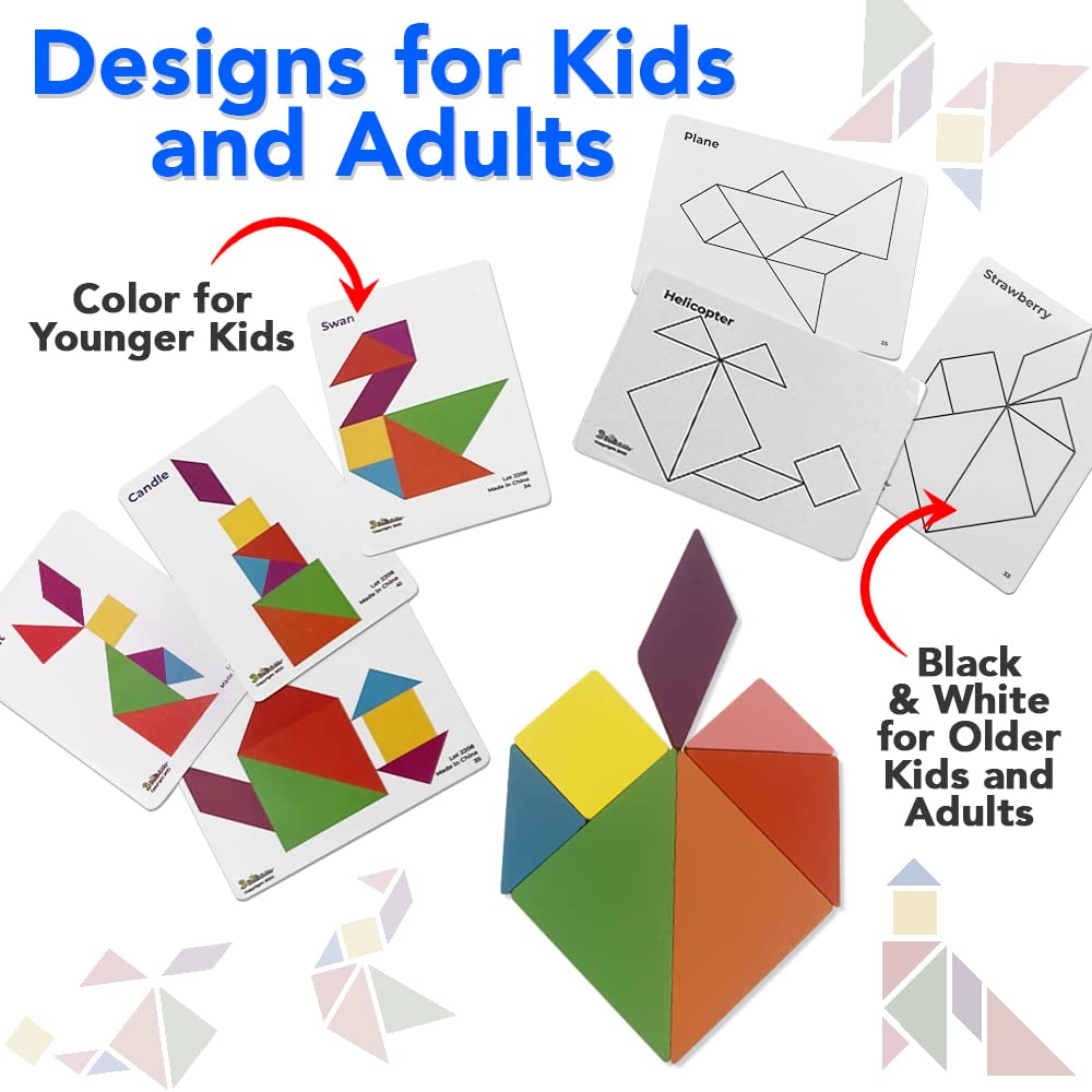 3 Bees & Me 2 Wooden Tangram Shapes Puzzle Toys with 52 Pattern Cards for Kids and mature-themeds - Montessori Wood Toy  STEM Shape Puzzles Manipulatives Games  Educational Tangrams for Kids