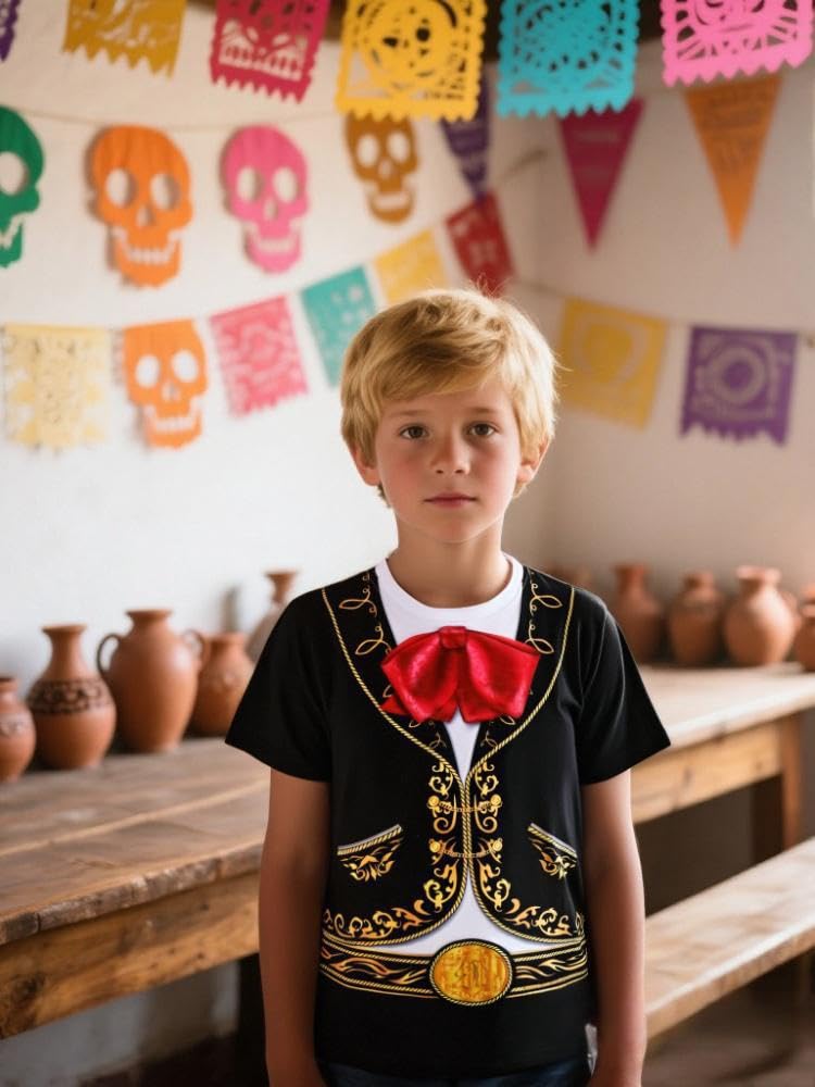 Cosland Mariachi Costume For Boy Kids Halloween Shirt, Black, Medium