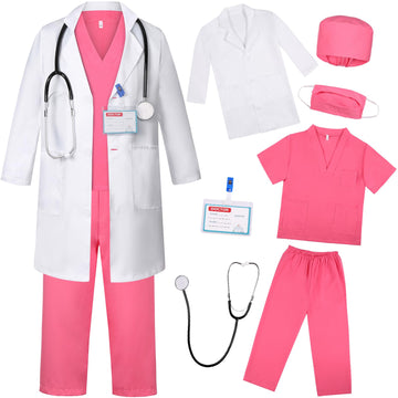 Gorkonpy Doctor Costume For Kids Boys Girls Toddler Doctor Costume With Lab Coat Halloween Party Dress Up (Pink, 8-9 Years)