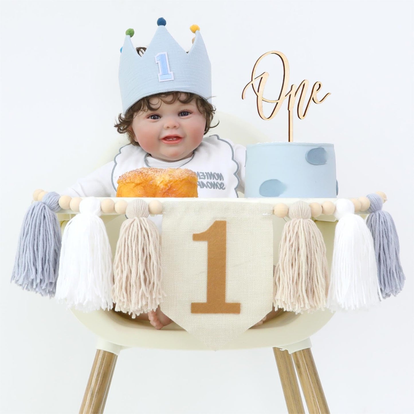 HODIHIWI Baby Boy First Birthday Party Decorations Blue White High Chair Banner 1st Crown Hat Cake Topper