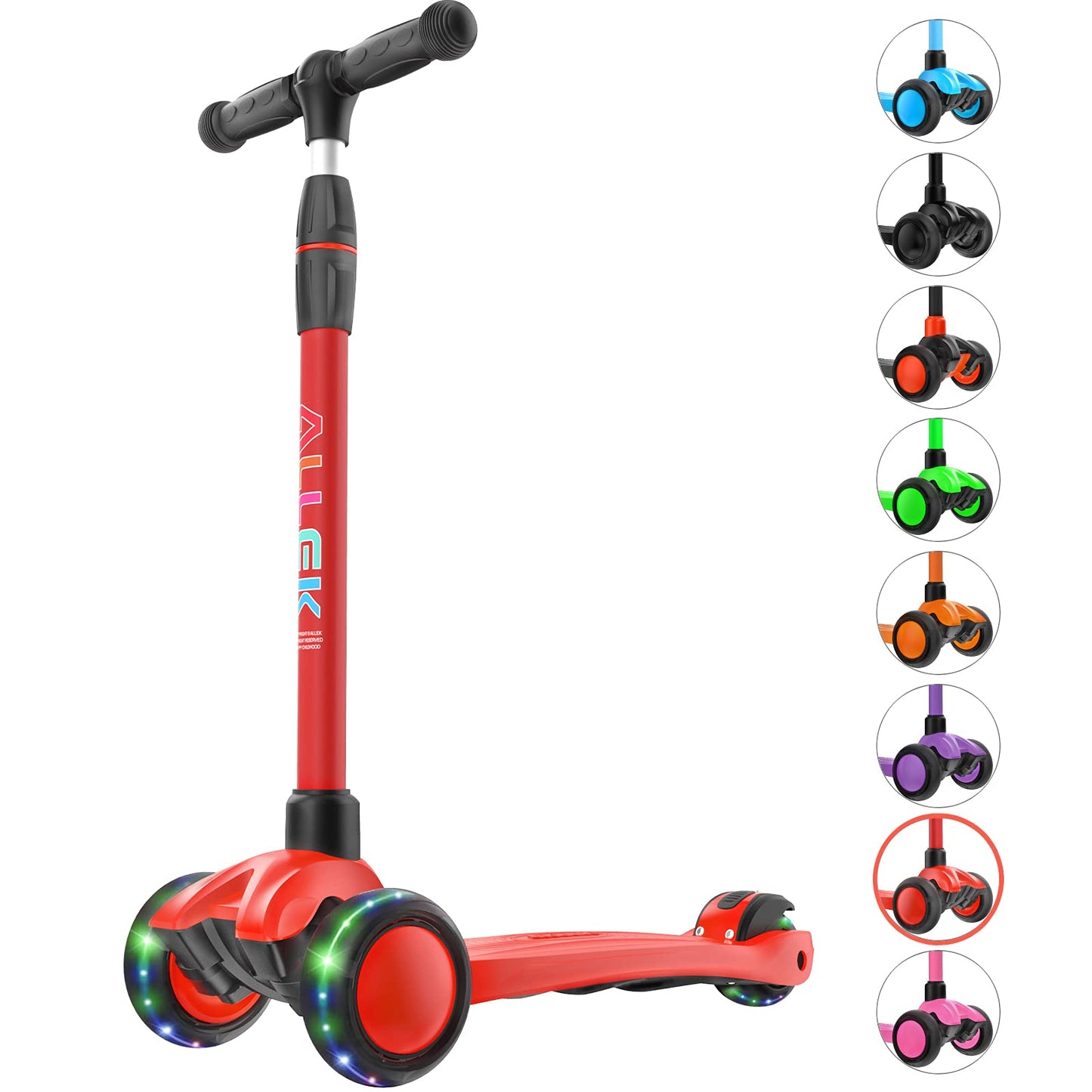 Allek Kick Scooter B03, Lean 'N Glide 3-Wheeled Push Scooter With Extra Wide Pu Light-Up Wheels, Any Height Adjustable Handlebar