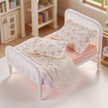 Minamzee 1:12 Dollhouse Furniture Bed  1 Set Miniature Fairy Pastoral Style White Rattan Bed with Removable Lace Bedding  Modemn Bedroom Furniture Accessories Set
