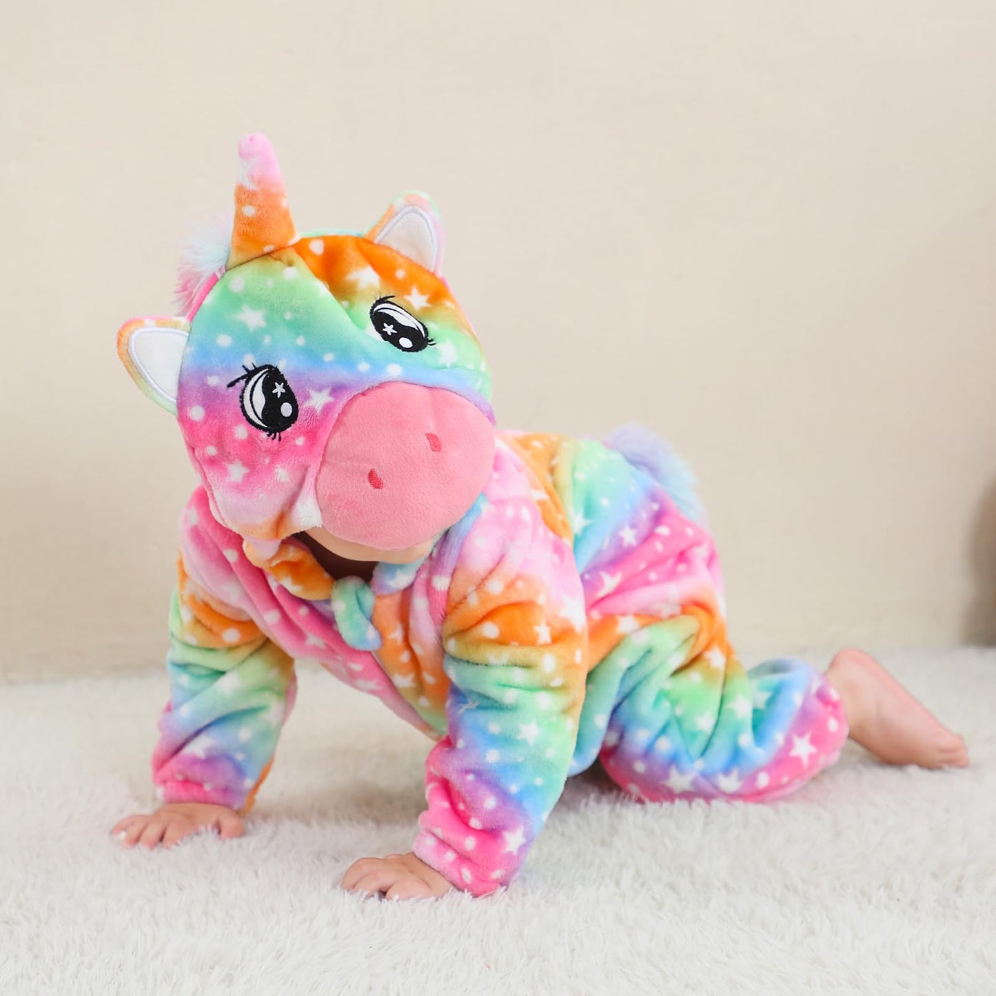 Lolanta Unicorn Costumes, Kids Halloween, Toddlers Fleece Hooded Jumpsuit, Cute Colorful Bodysuit, Christmas Fancy Dresses(Rainbow, 9-12Months)