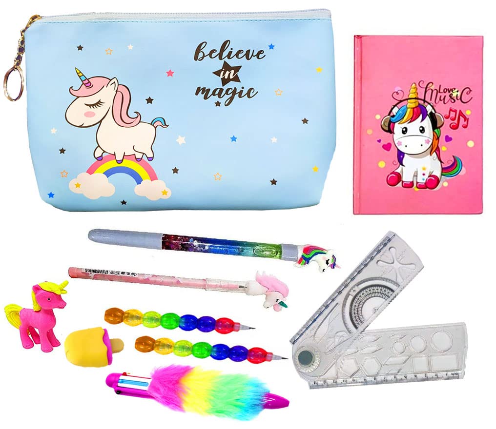 Neel 10 Piece Unicorn Stationery Set: Unicorn Big Size Stationery Organizer With Diary, Pens, Pencils, Eraser, Scale & More  Ki