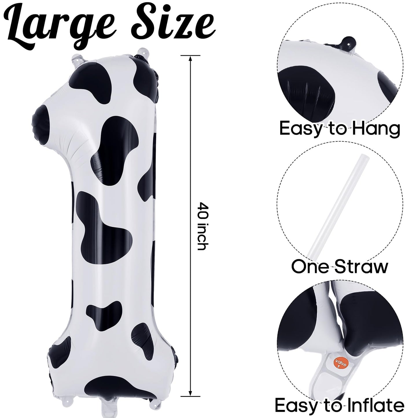 AIQINHU Cow Print Number 1 Balloon - Large 40 Inch Foil Mylar for 1st Birthday Party Decorations, Animal Farm Cowboy Theme