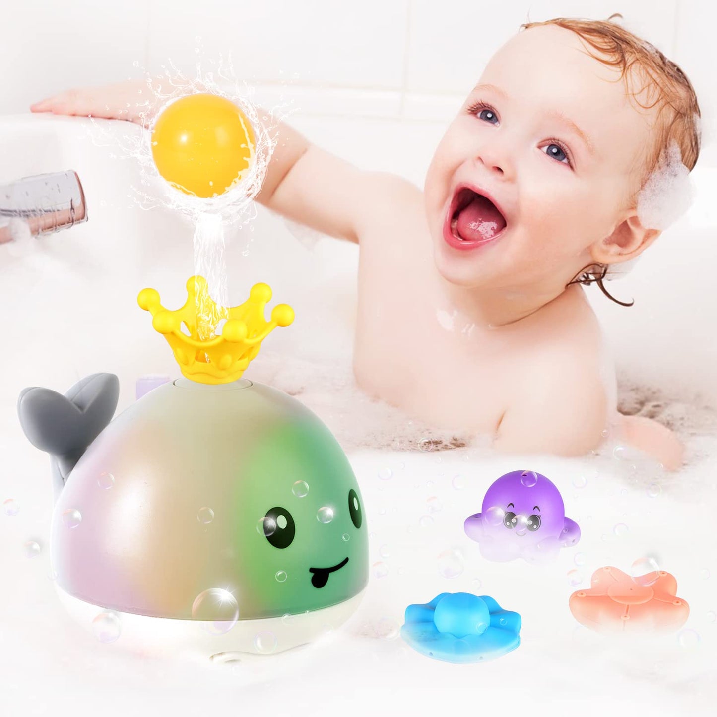 Gigilli Baby Whale Bath Toy - 4 Modes Light Up Fountain for Toddlers, Grey, Small, ABS Material, Perfect for 6-18 Months, Ideal Birthday Gift