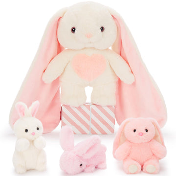 Tezituor Bunny Stuffed Animal With 3 Babies, Plush Rabbit Toy 19“ Long Ear Bunny With Heart Soft Rabbit Plushies Easter Decor Christmas Birthday Gifts For Girls Boys