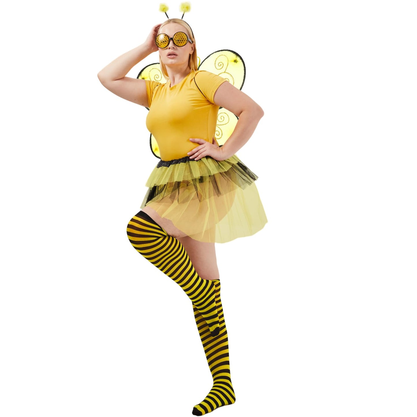 Satinior Bee Costume Kit For Women Tutu Skirt Bee Wings Headband Striped High Leg Warmers For Halloween Cosplay Party (60 Cm/ 23.62 Inches)