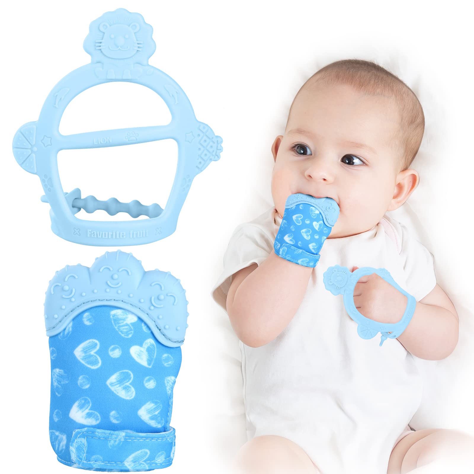 Vicloon Silicone Teething Mitt, 2Pcs Baby Teething Mitten With Adjustable Strap, Crinkle Sound And Textured, Self Soothing Baby 