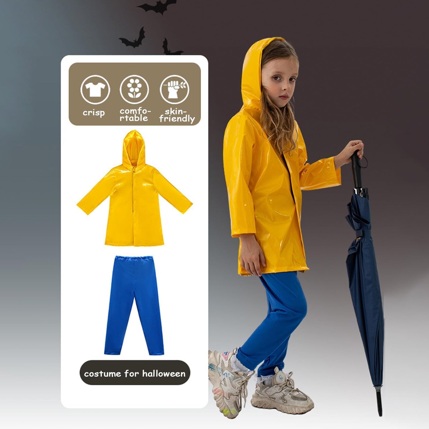 Gliquran Yellow Raincoat and Blue Pants for kids Costume Set Halloween Cosplay Accessories Merchandise (115-125cm)
