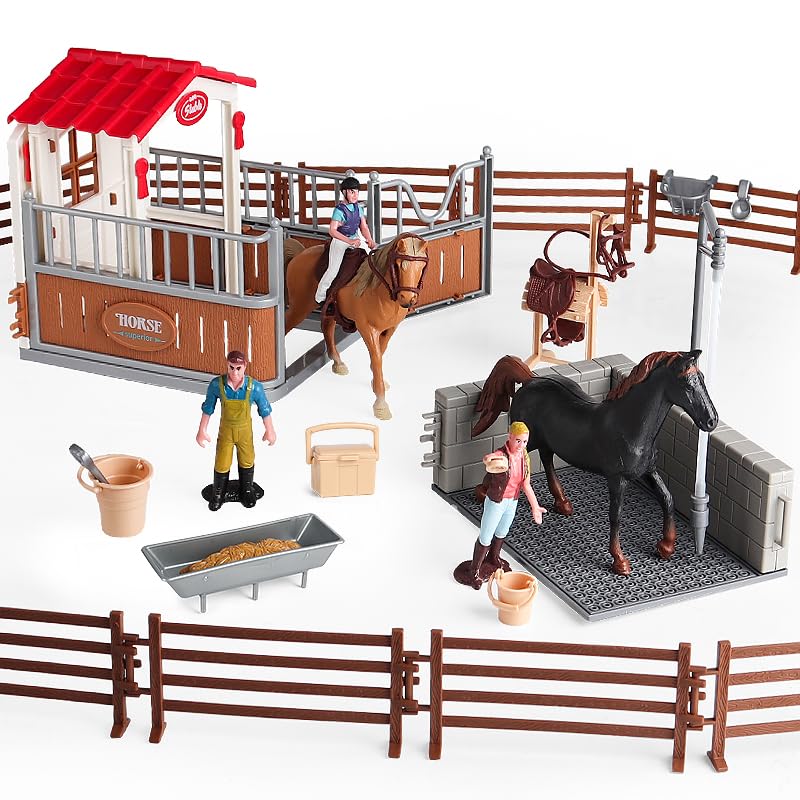 Rcomg Horse Stable Figurines Playset, 31 Pieces Horse Club With Horse Wash Area And Fence Figures, Barn Horse Toys Gift For Girls And Boys 3 4 5 6 7 8