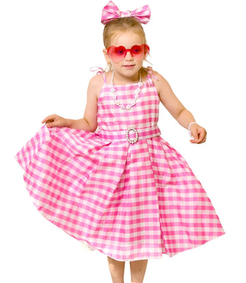 Golray 7Pcs Girls Plaid Costume Dress Sweet Slip Dress With Accessories Movie Outfit Birthday Halloween Costume Girl Dress Up Cl