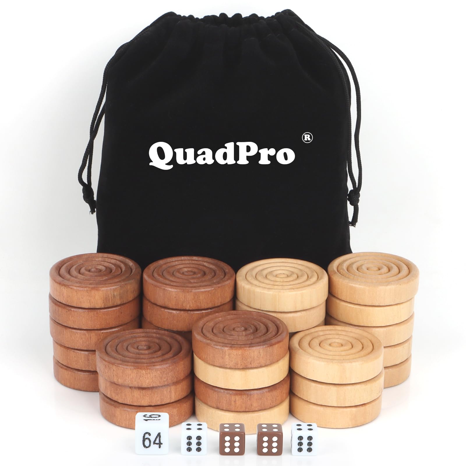 QuadPro Wooden Checkers Pieces Only  30 Wood Backgn Pieces with 5 Dice & Storage Bag  enhanced Wood Pieces for Backgn and Checkers  Ideal for Replacement or Spare Pieces