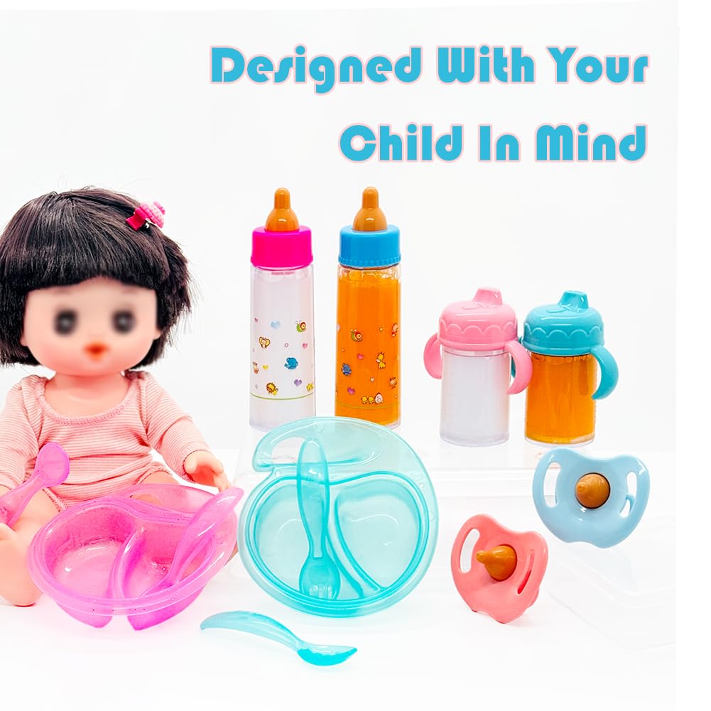 Baby Doll Accessories Magic Bottle Set Magic Disappearing Milk Juice Bottles Sippy Cups With Pacifiers Bowl Spoons, Doll Bottle Toys Feeding Pretend Playset For Kids Girls Ages 3+ (Middle Set(12Pcs))