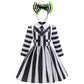 Miltrs Girls Halloween Costume Black And White Striped Dress Kids With Headband For Movie Cosplay Dress-Up
