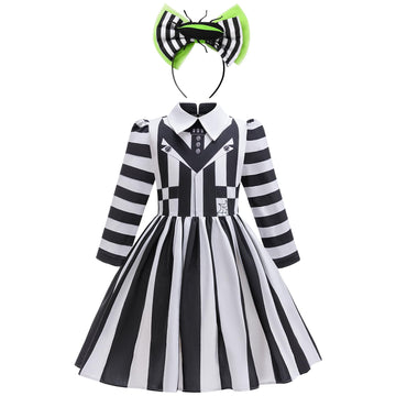 Miltrs Girls Halloween Costume Black And White Striped Dress Kids With Headband For Movie Cosplay Dress-Up