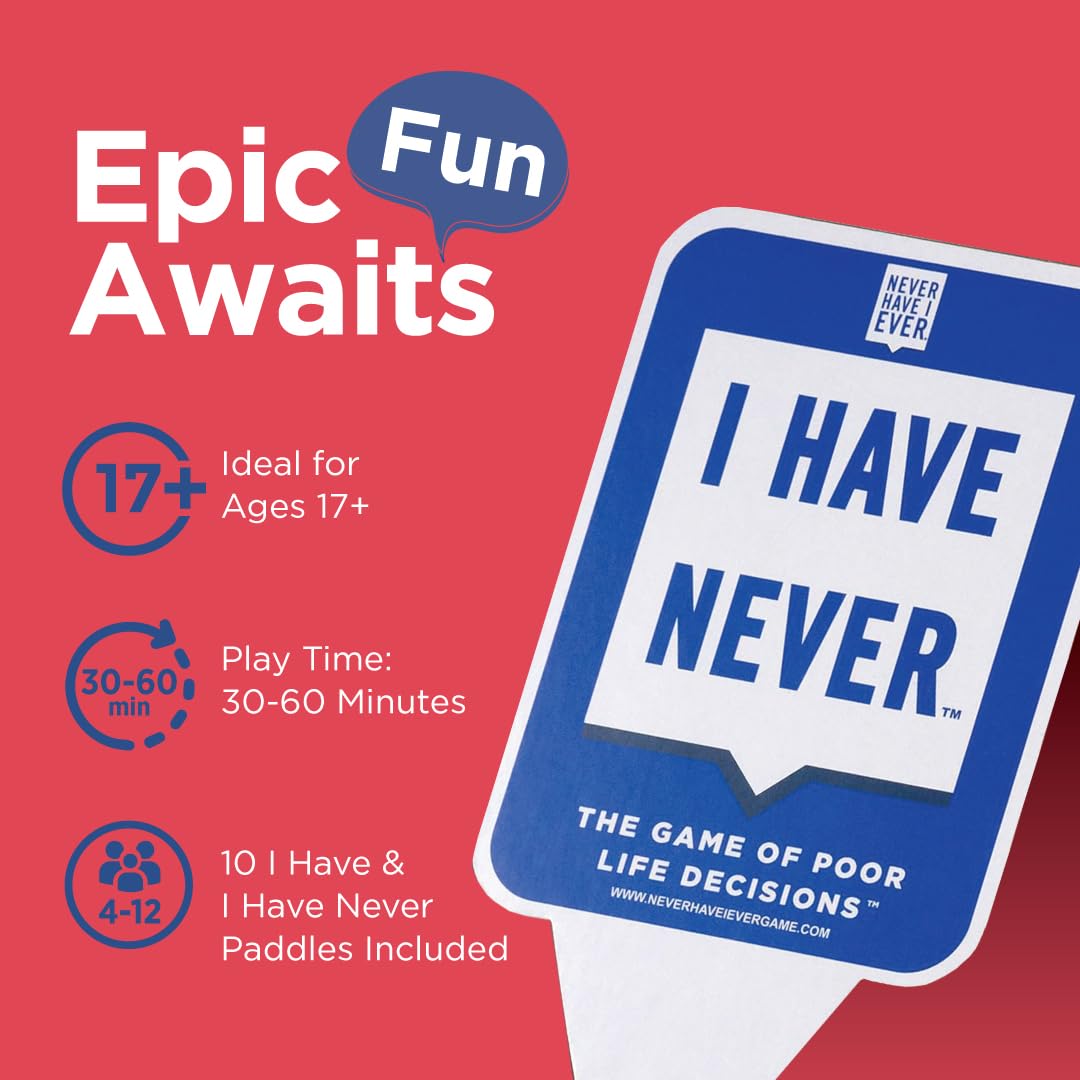 Never Have I Ever Card Game Paddles - 10 Multi-color Cardboard Paddles for Adult Game Nights, Model NHIE-PADDLES-001, Ages 17+