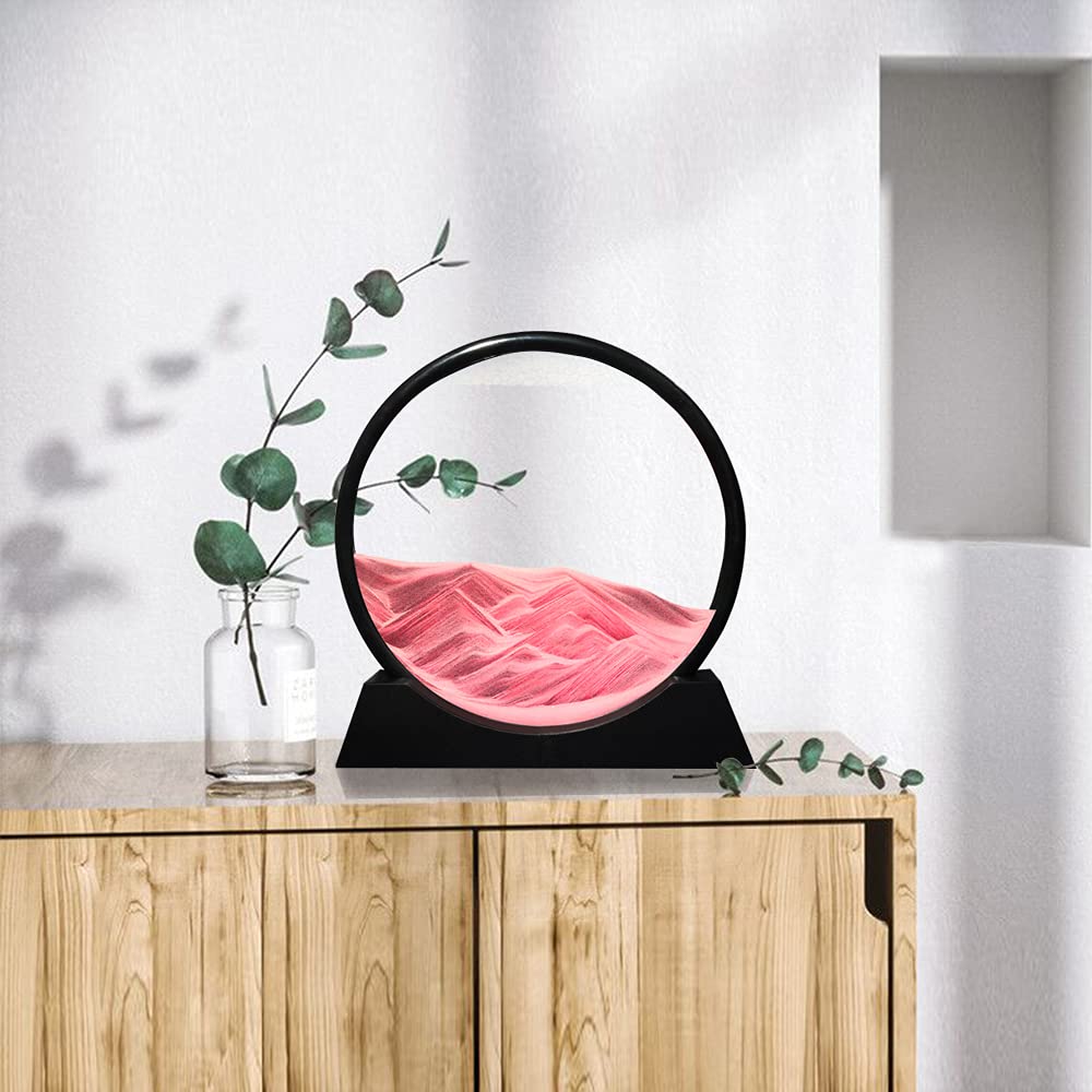 Muyan Moving Sand Art Picture Sandscapes in Motion Round Glass 3D Deep Sea Sand Art for mature-themed Kid Large Desktop Art Toys (Pink  12 Inch)